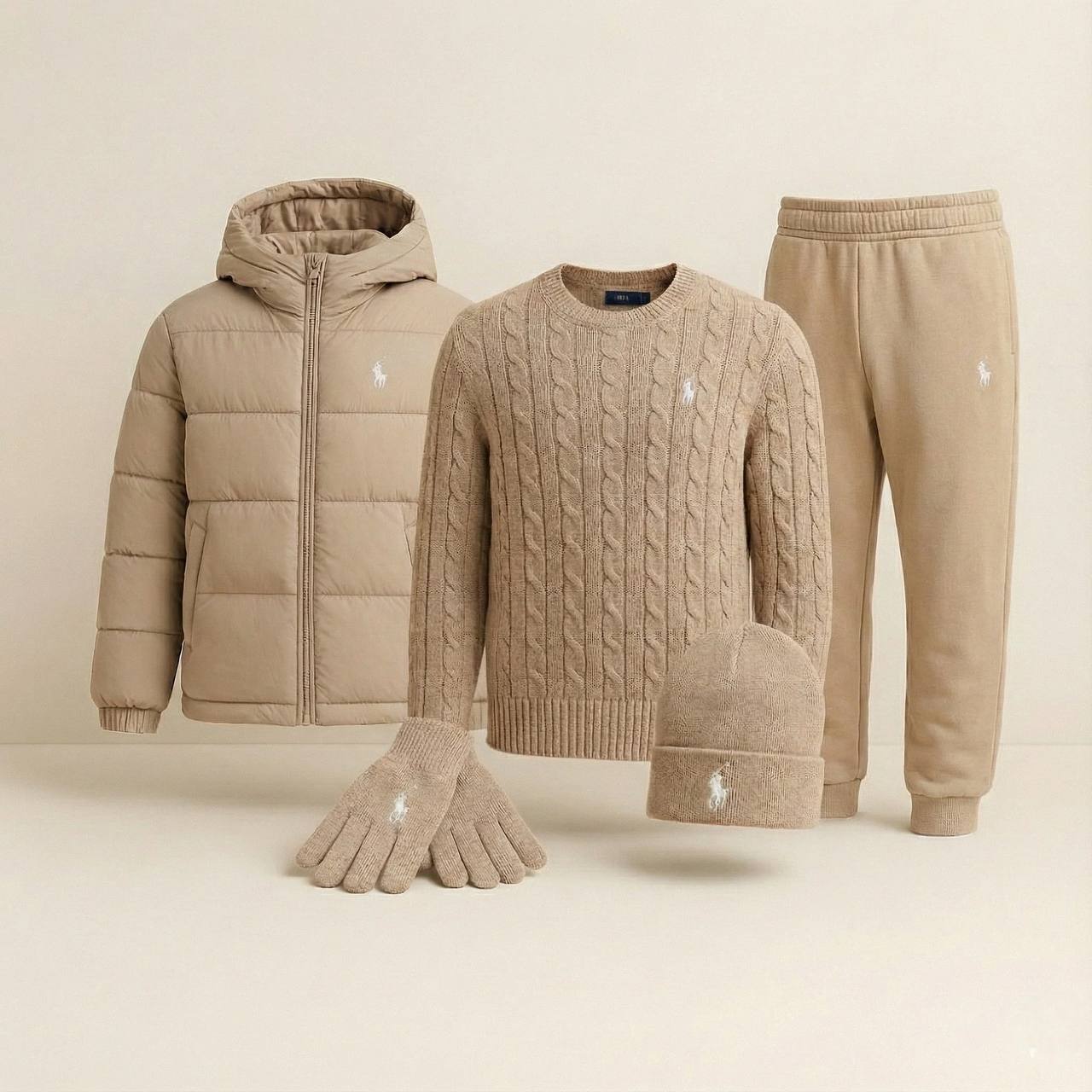 PRL™ Winter Casual Set – Sweater, Winter Puffer, Cap, Gloves
